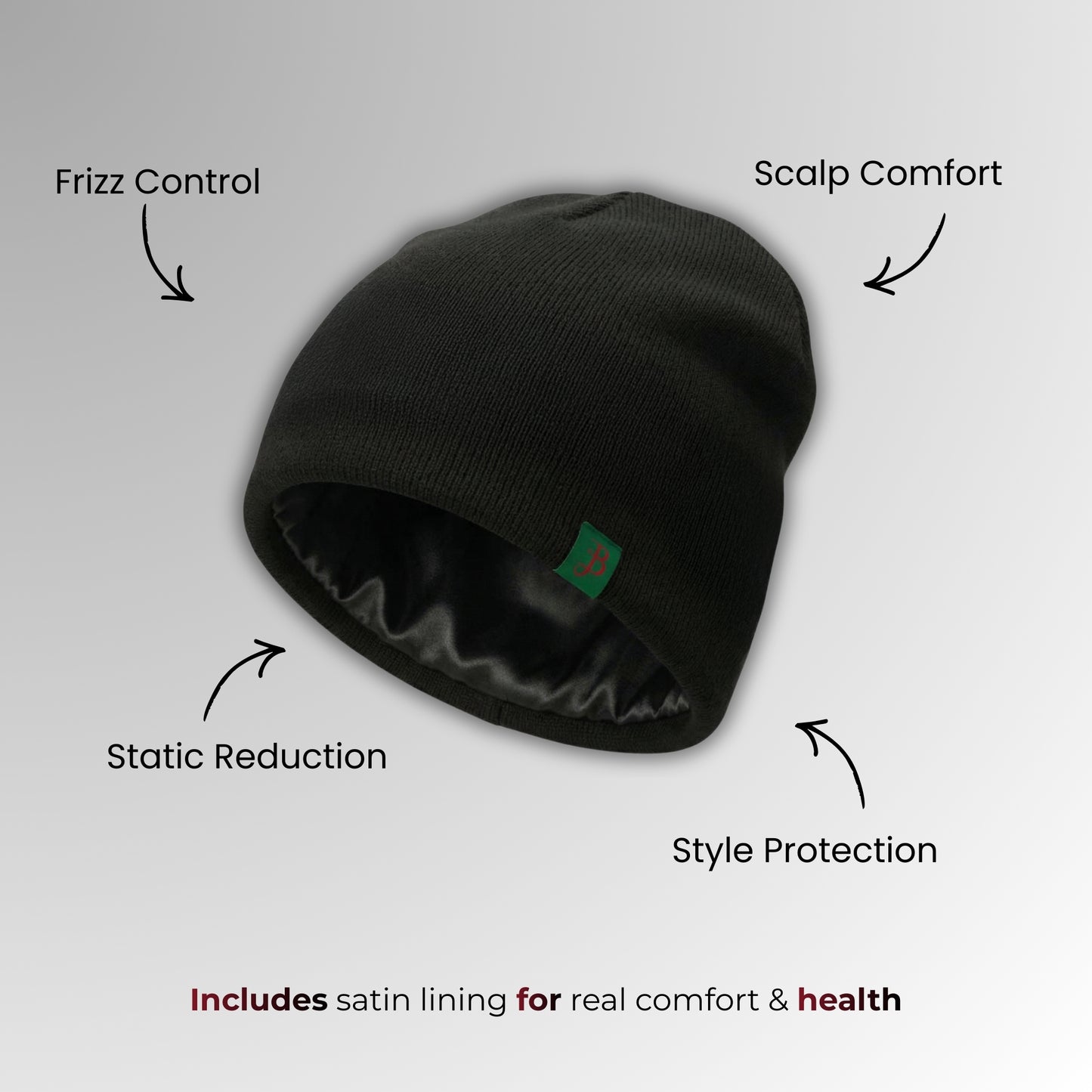 Black beanie with satin lining on a gray background, labeled for features.
