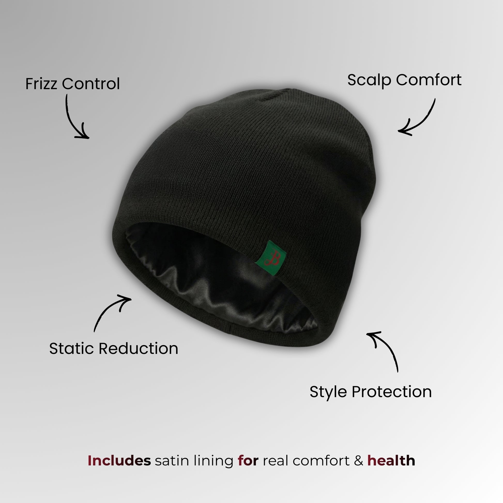 Black beanie with satin lining on a gray background, labeled for features.