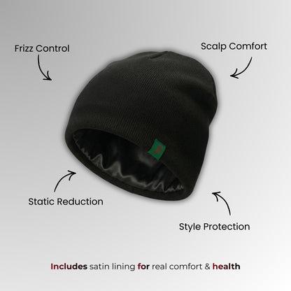 Black beanie with satin lining on a gray background, labeled for features.