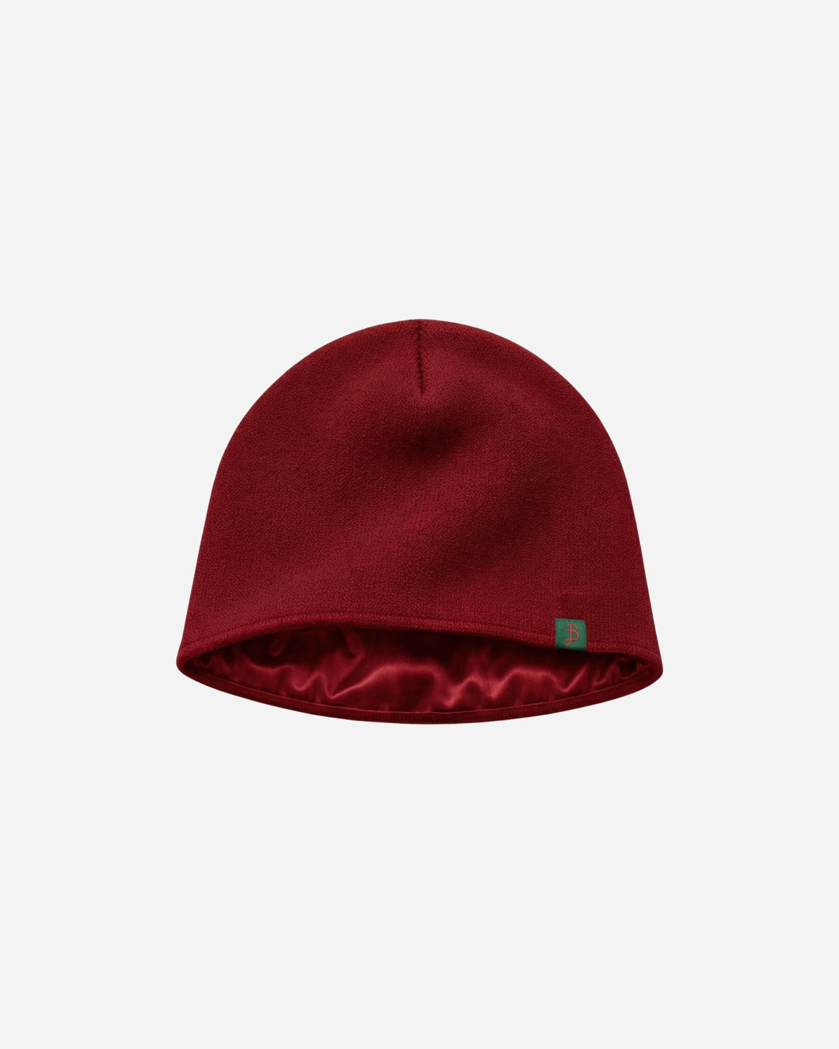 Billie Satin Beanie in burgundy with satin lining and green Billie label, on a light background