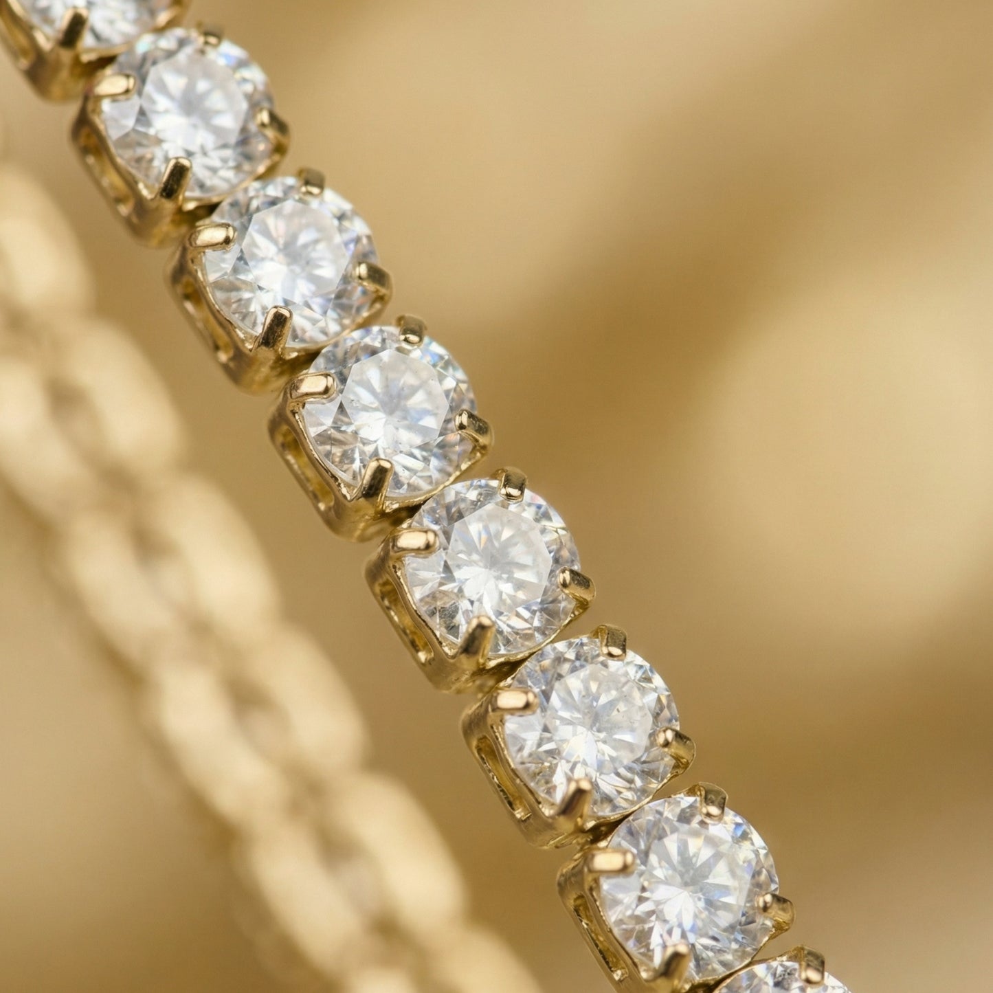 Close-up of a gold bracelet with diamonds on a blurred gold background