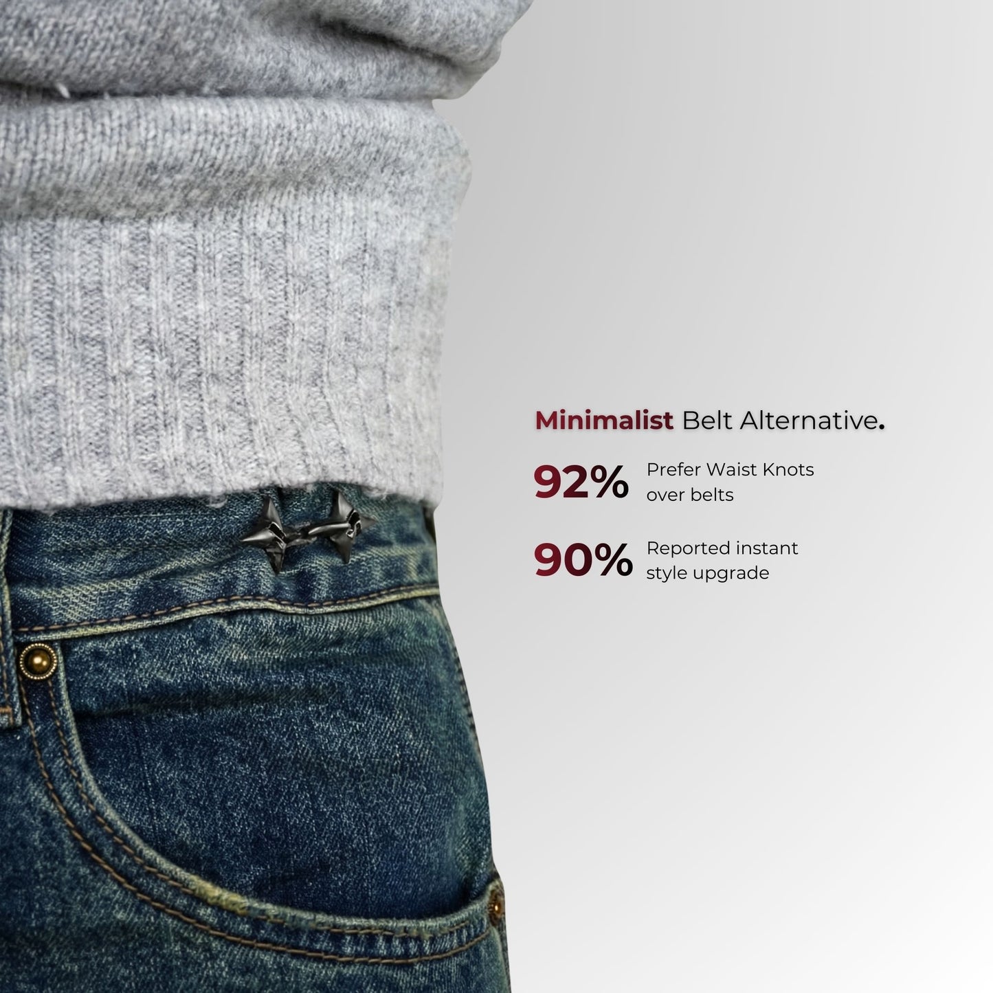 Person wearing jeans with a minimalist belt alternative feature highlighted.