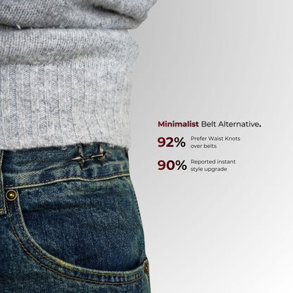 Person wearing jeans with a minimalist belt alternative feature highlighted.