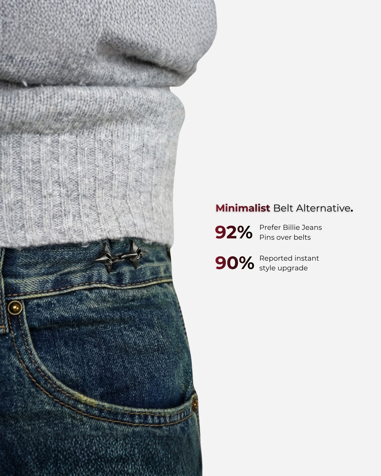 Close-up of a gray sweater and denim waistband with pins, text on the side.