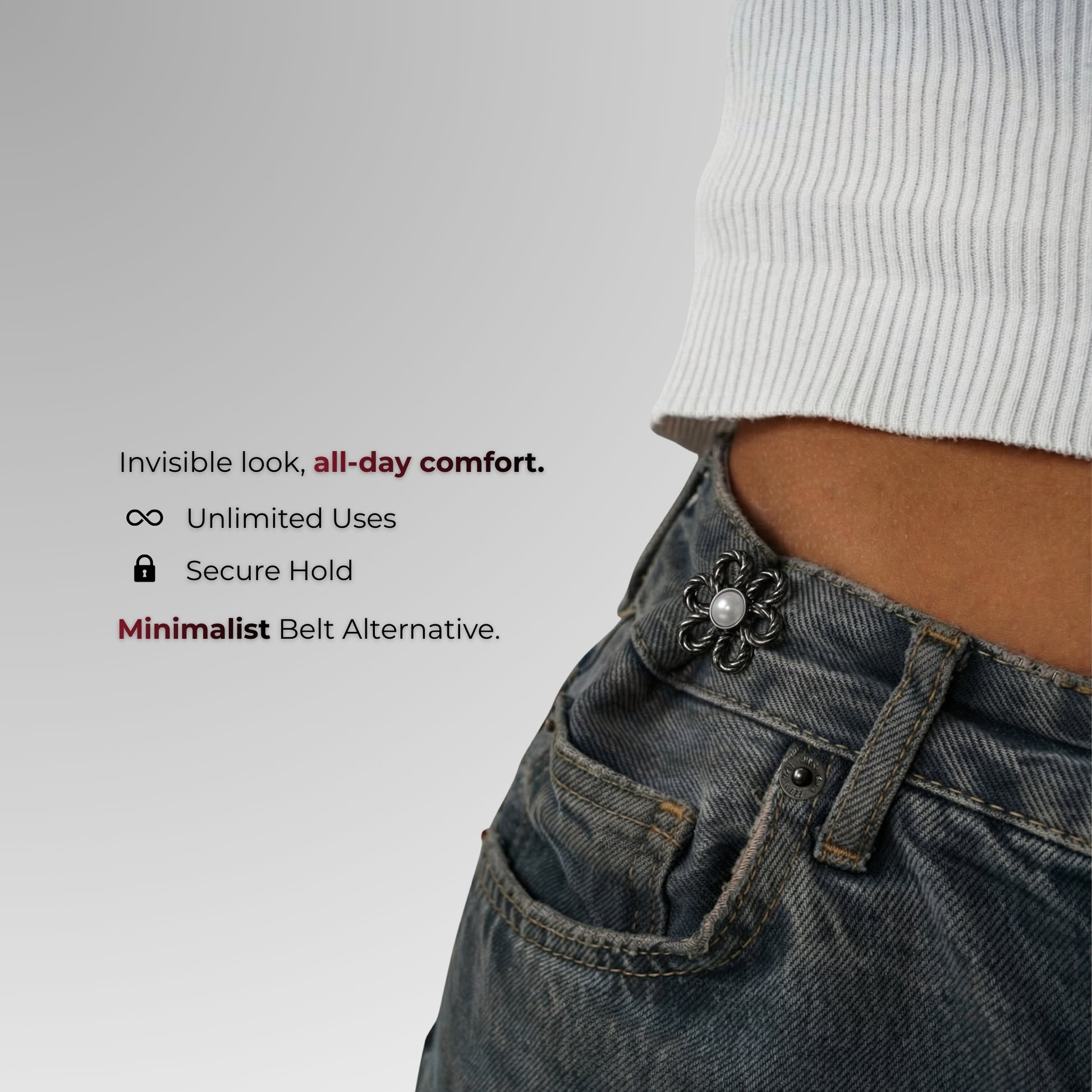 Close-up of a person wearing jeans with a belt, featuring text about the belt's features.