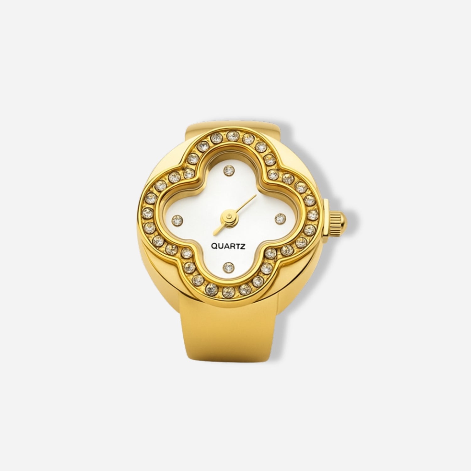 Gold ring watch with diamond-like stones on a white background