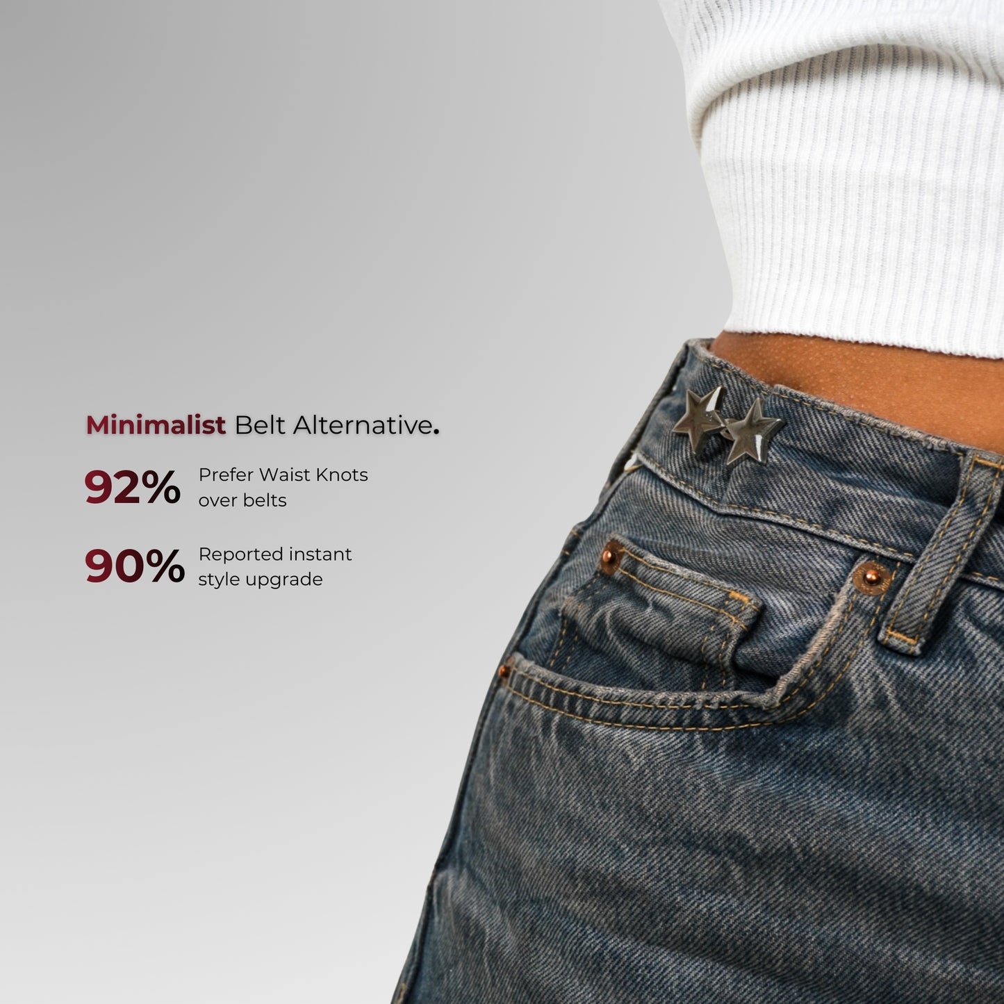 Person wearing blue jeans with text about minimalist belt alternatives on a gray background