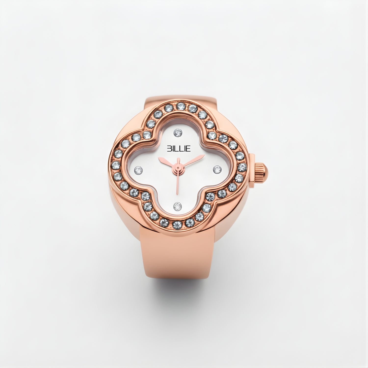 Rose gold watch with gemstone accents on a light gray background