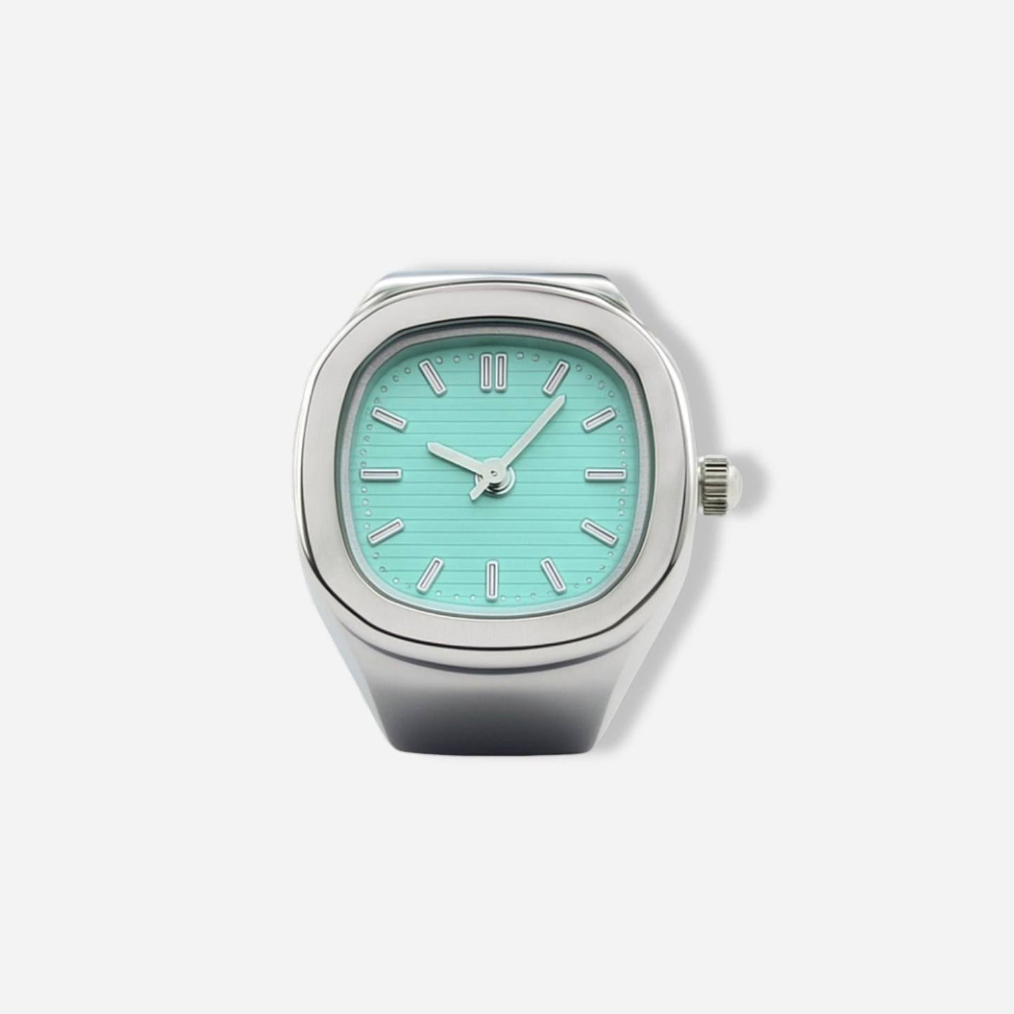 Ring watch with a turquoise face and silver case on a white background
