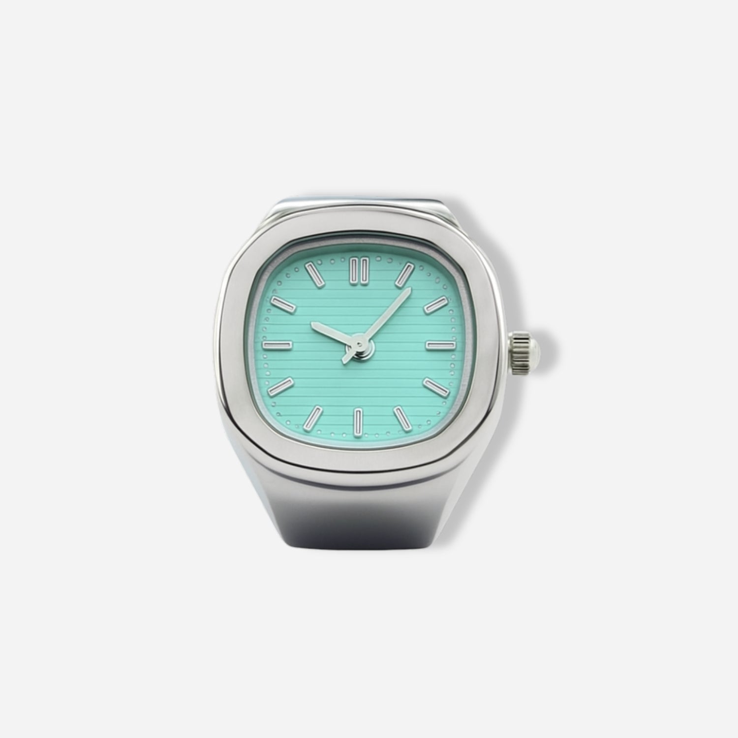 Ring watch with a turquoise face and silver case on a white background
