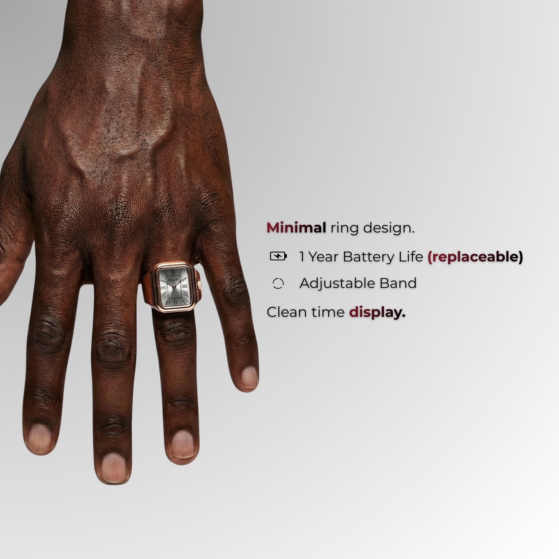 Hand wearing a ring with product features listed on a gray background