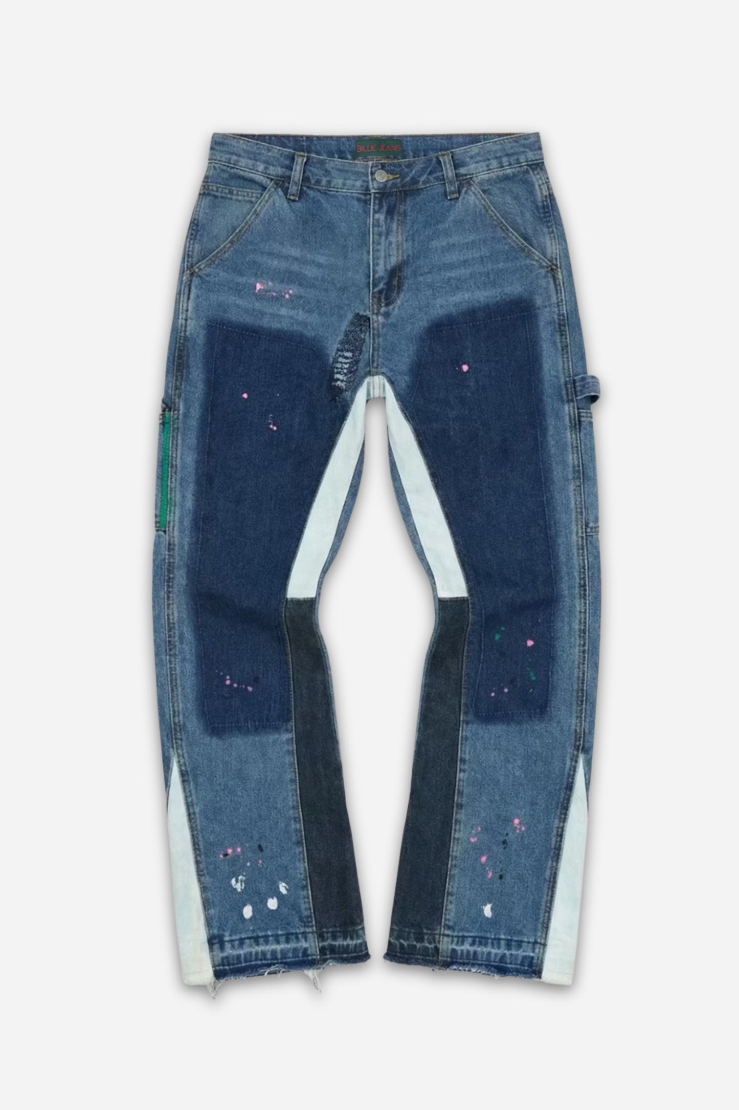 Medium-wash patchwork carpenter jeans with paint splatter and white gusset inserts by Billie Jeans