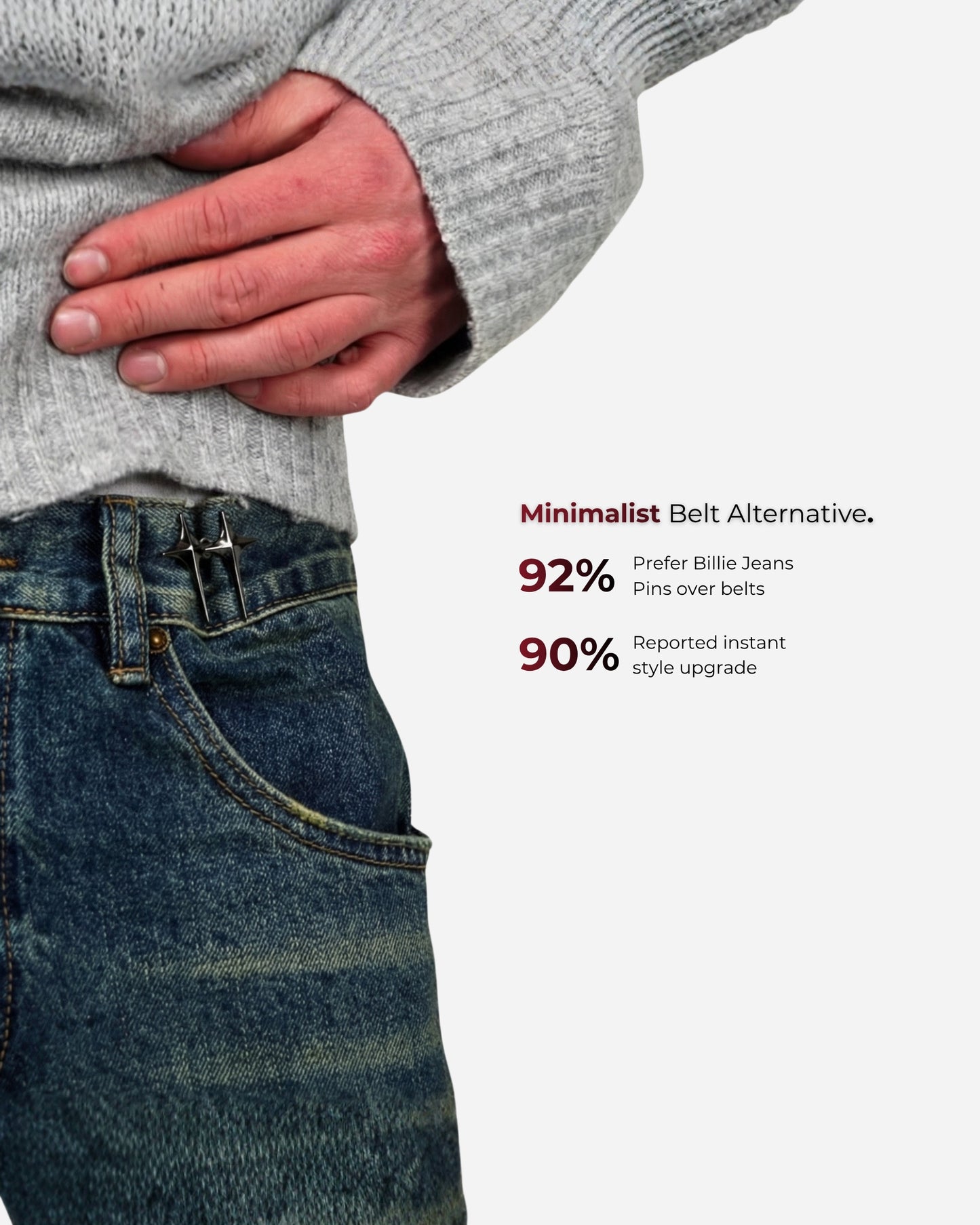 Person wearing a gray sweater with hand on hip, showing denim jeans and text on the side.