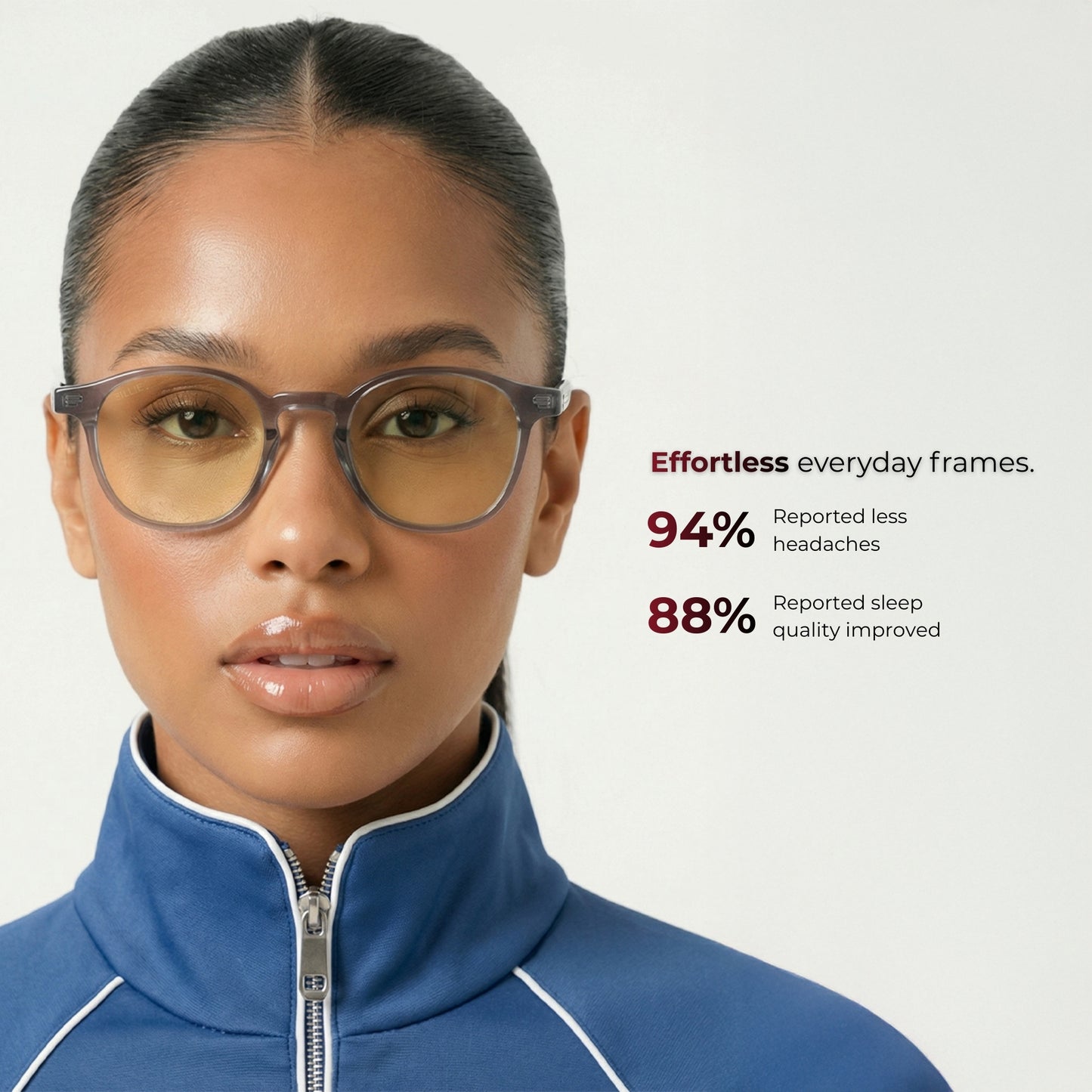 Woman wearing glasses with text on a gray background