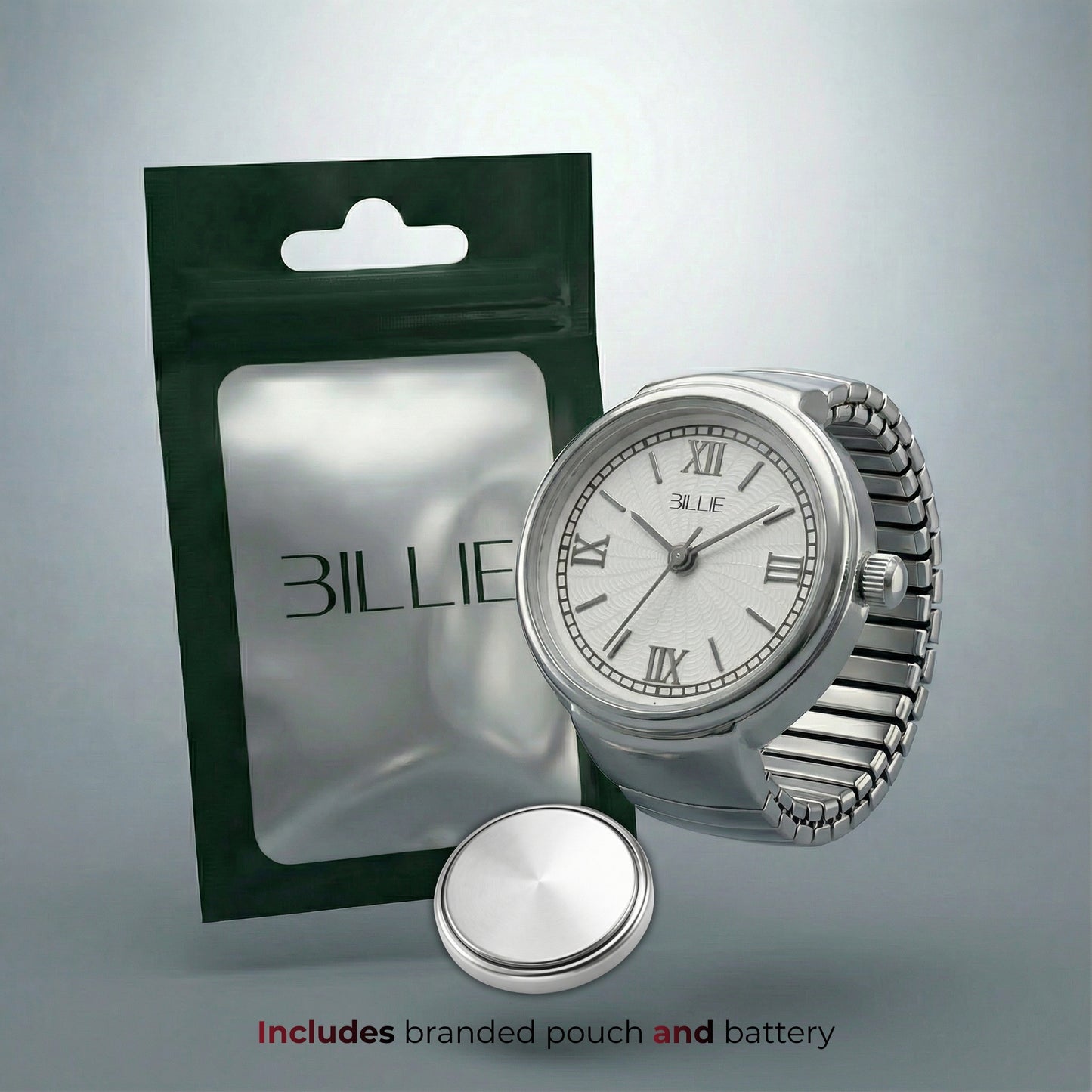 Silver watch with branded pouch on a gray background