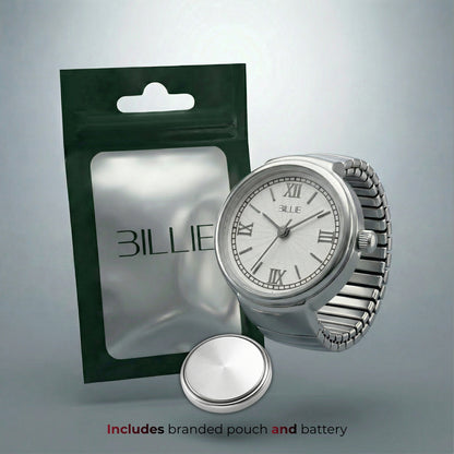 Silver watch with branded pouch on a gray background