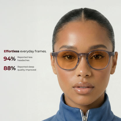 Woman wearing glasses with text on a gray background