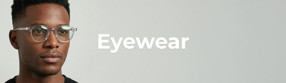 Man wearing eyeglasses with 'Eyewear' text on a gray background