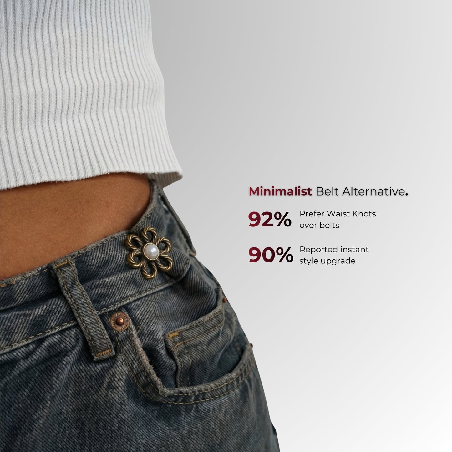 Person wearing a floral belt buckle on jeans with text about minimalist belt alternatives.