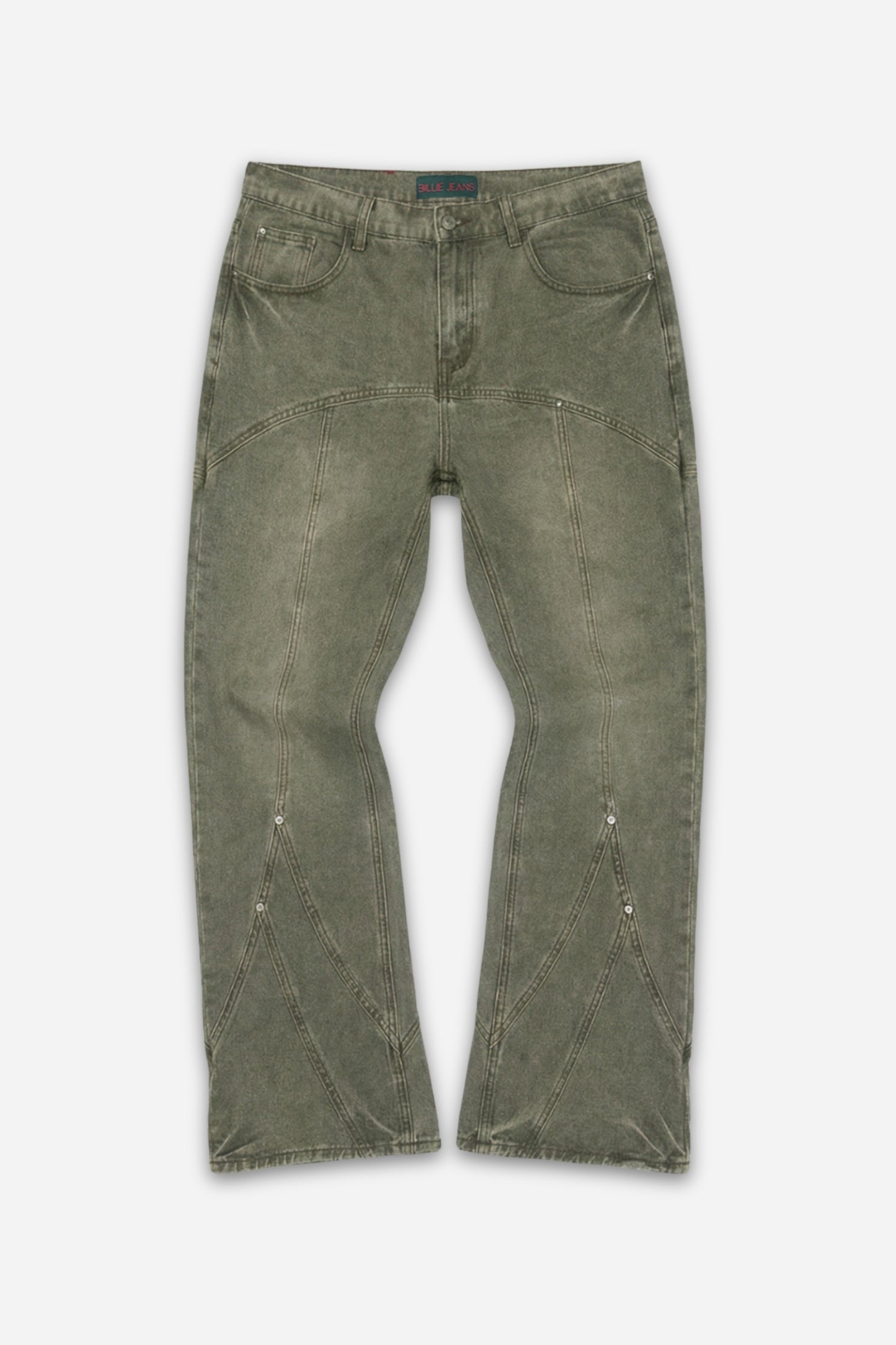 Olive green acid-wash flared jeans with diamond paneling and rivet details by Billie Jeans