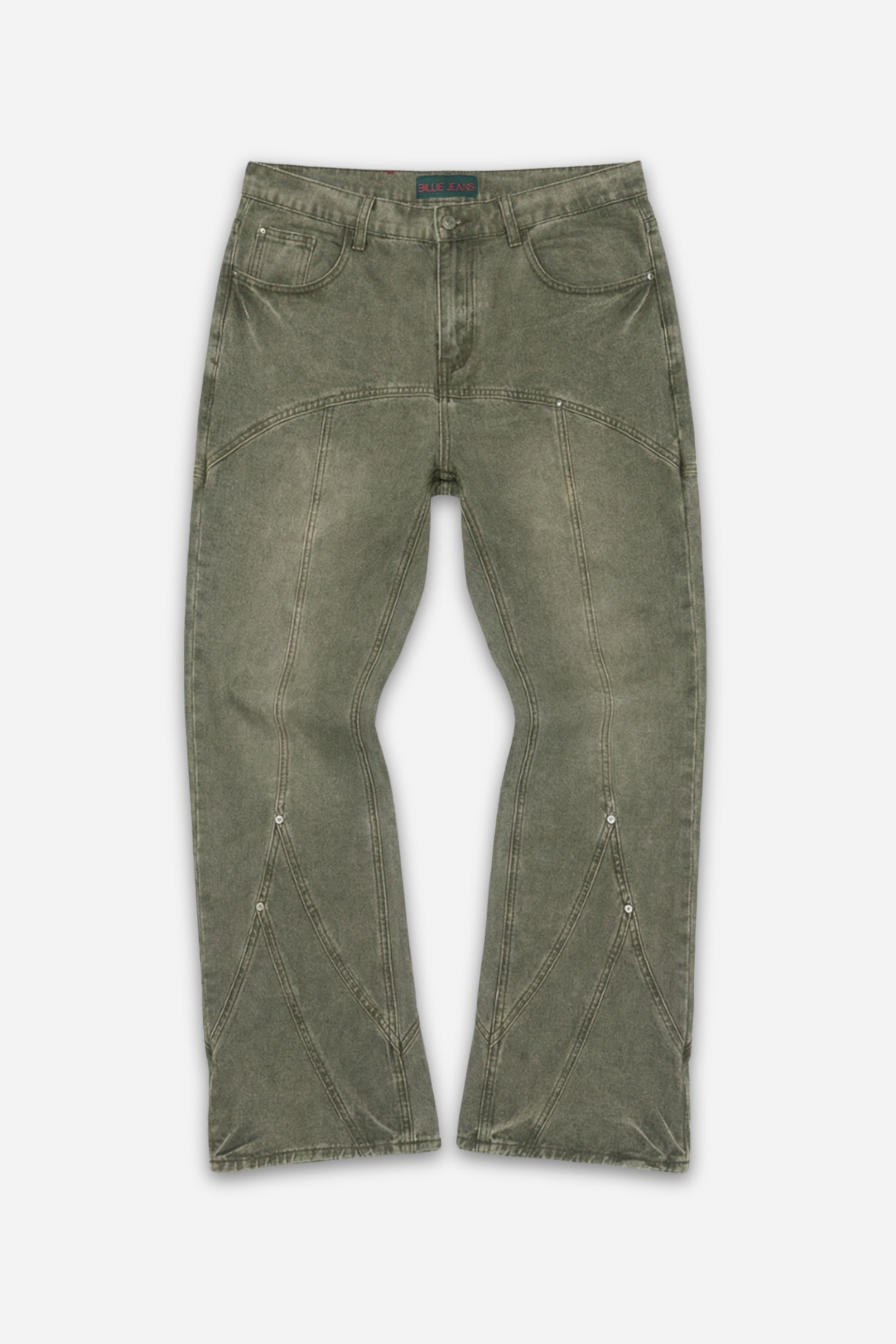 Olive green acid-wash flared jeans with diamond paneling and rivet details by Billie Jeans