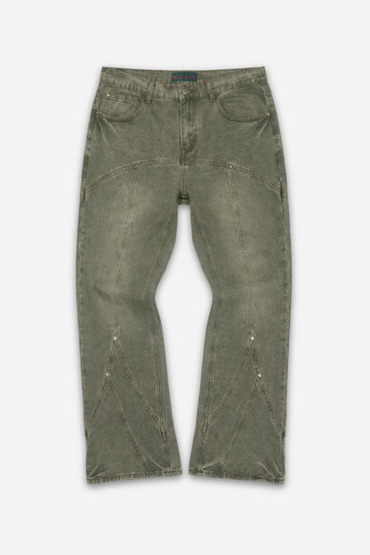 Olive green acid-wash flared jeans with diamond paneling and rivet details by Billie Jeans