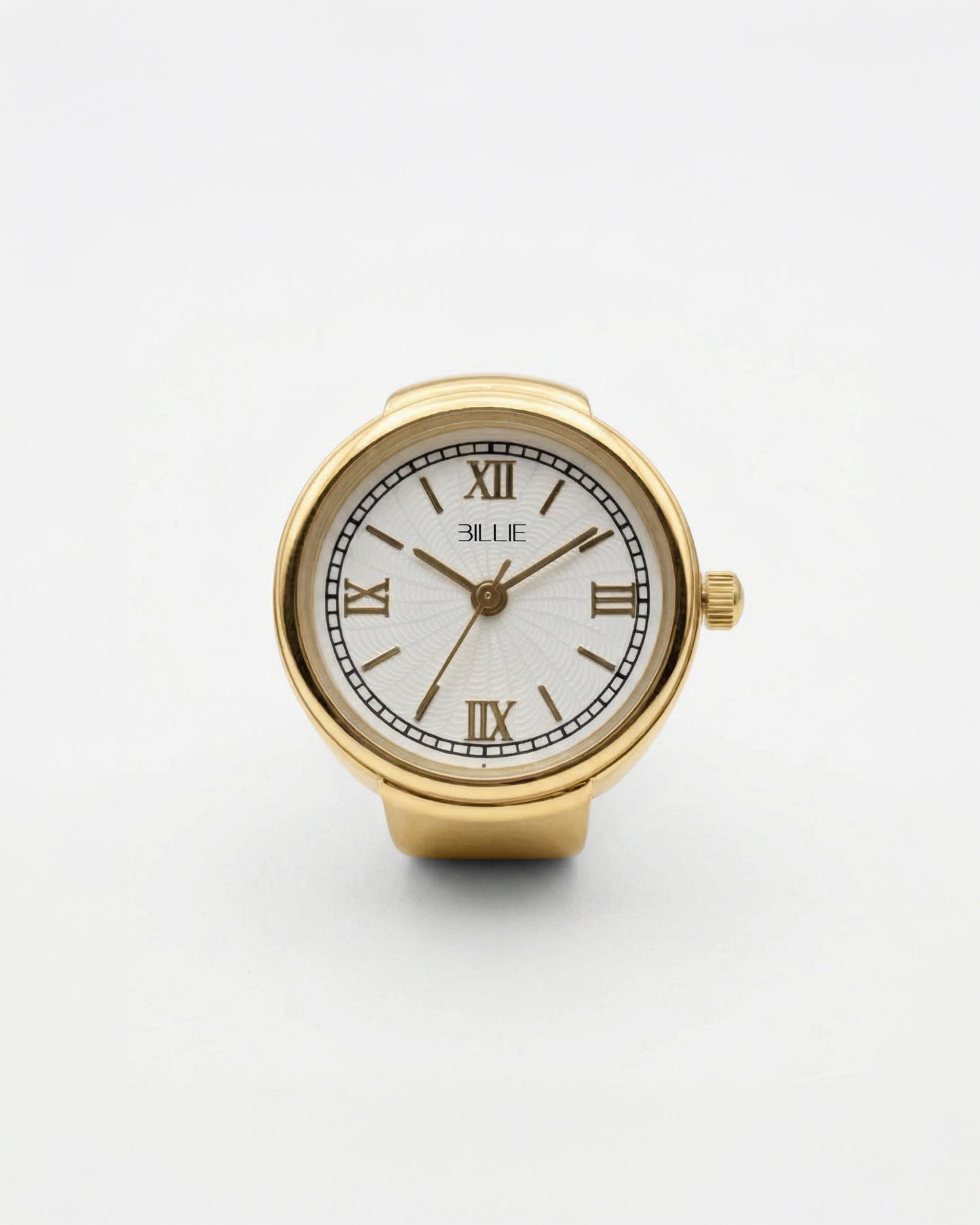 Gold watch with white face and Roman numerals on a plain background