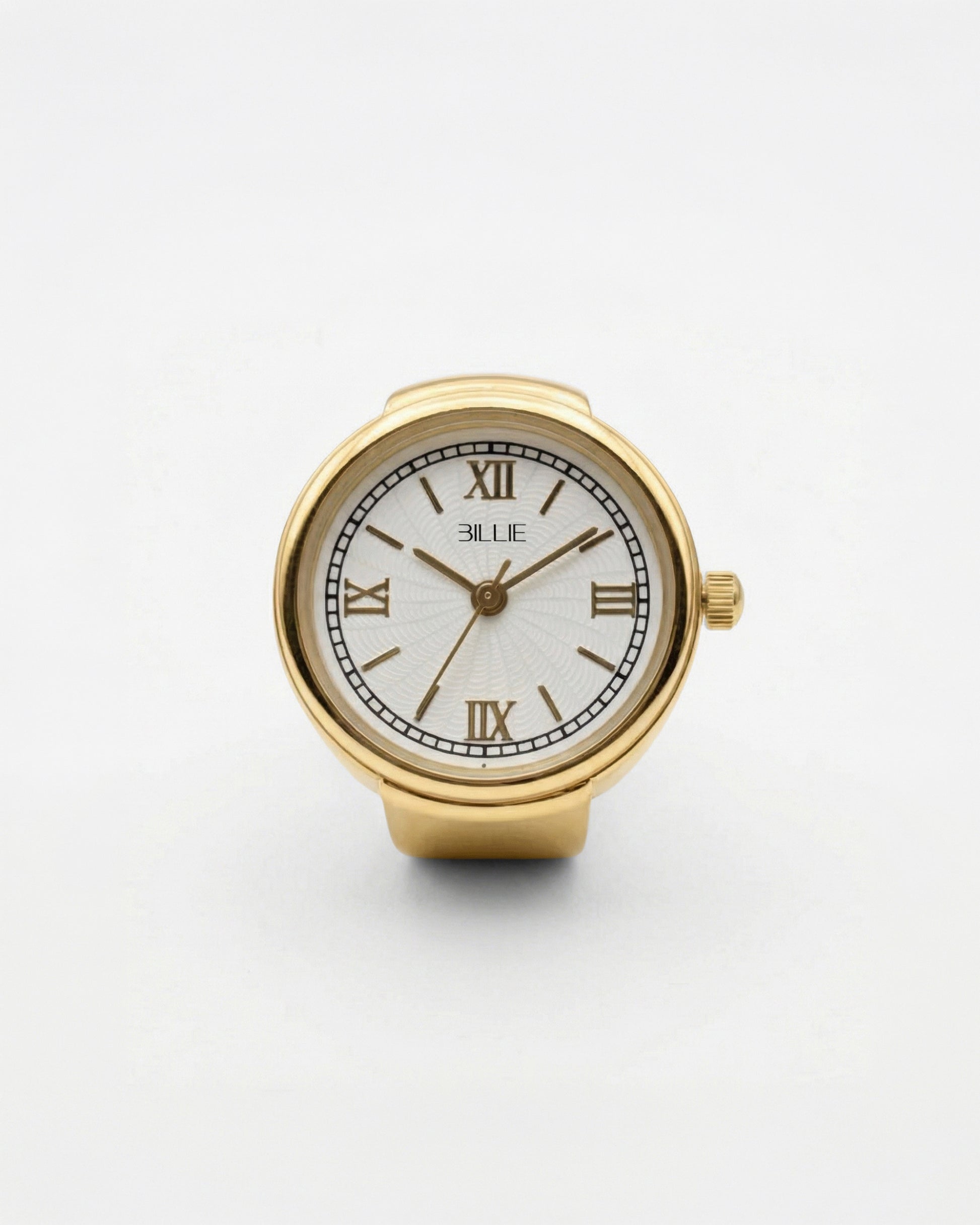 Gold watch with white face and Roman numerals on a plain background