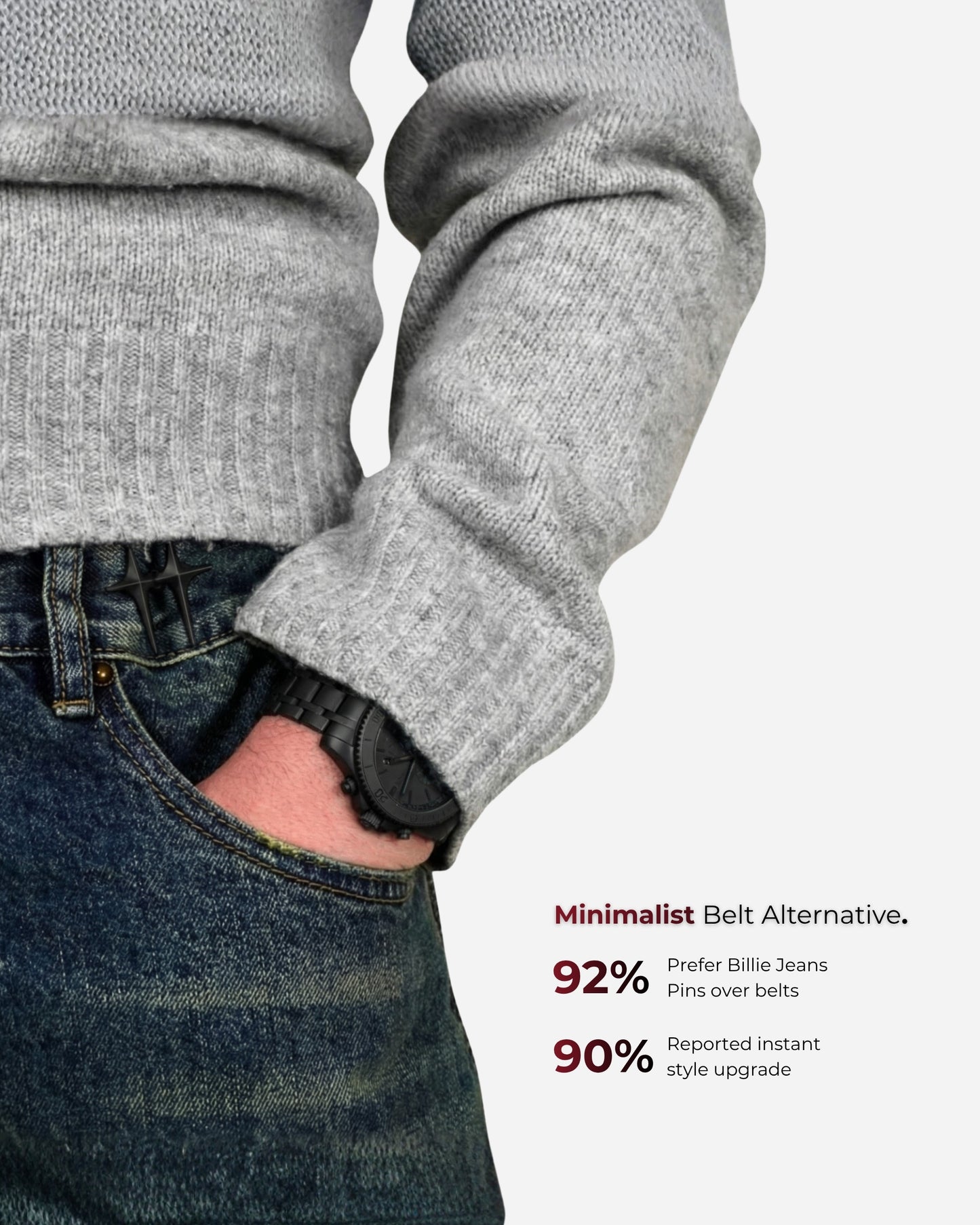 Close-up of a hand in a pocket wearing a gray sweater and dark jeans with a watch.