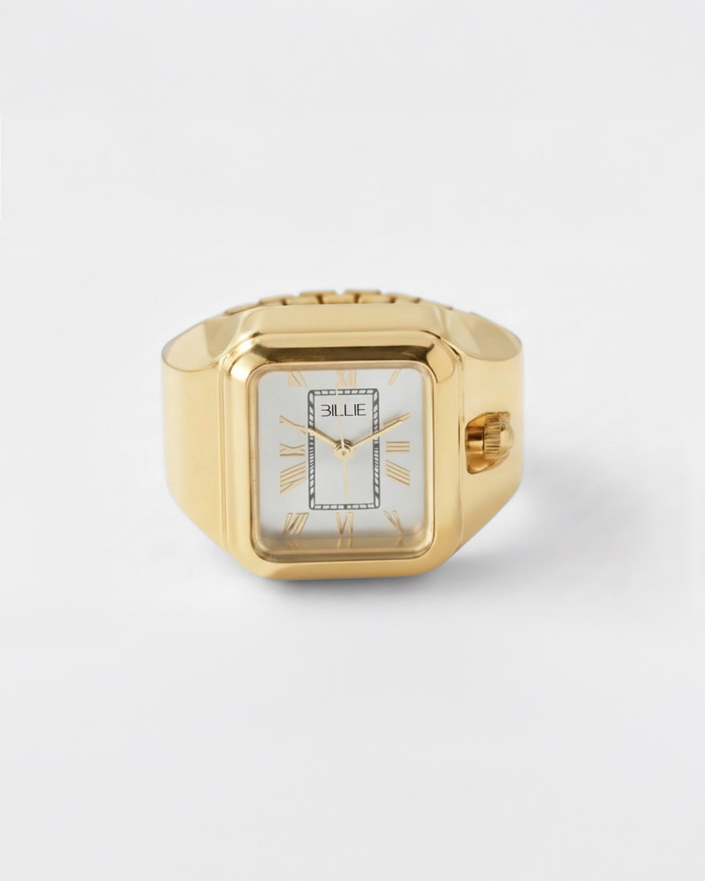 Gold watch with rectangular face and Roman numerals on a plain background