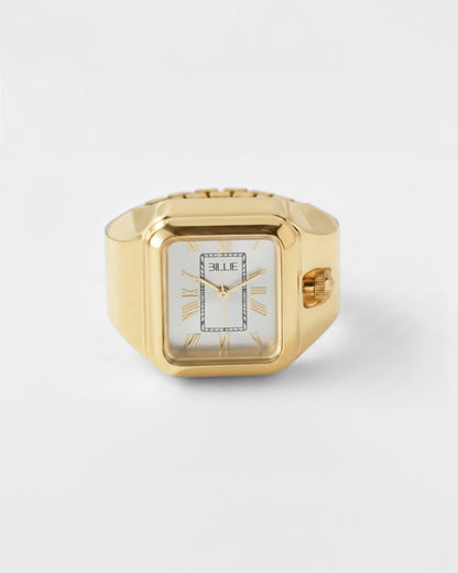 Gold watch with rectangular face and Roman numerals on a plain background
