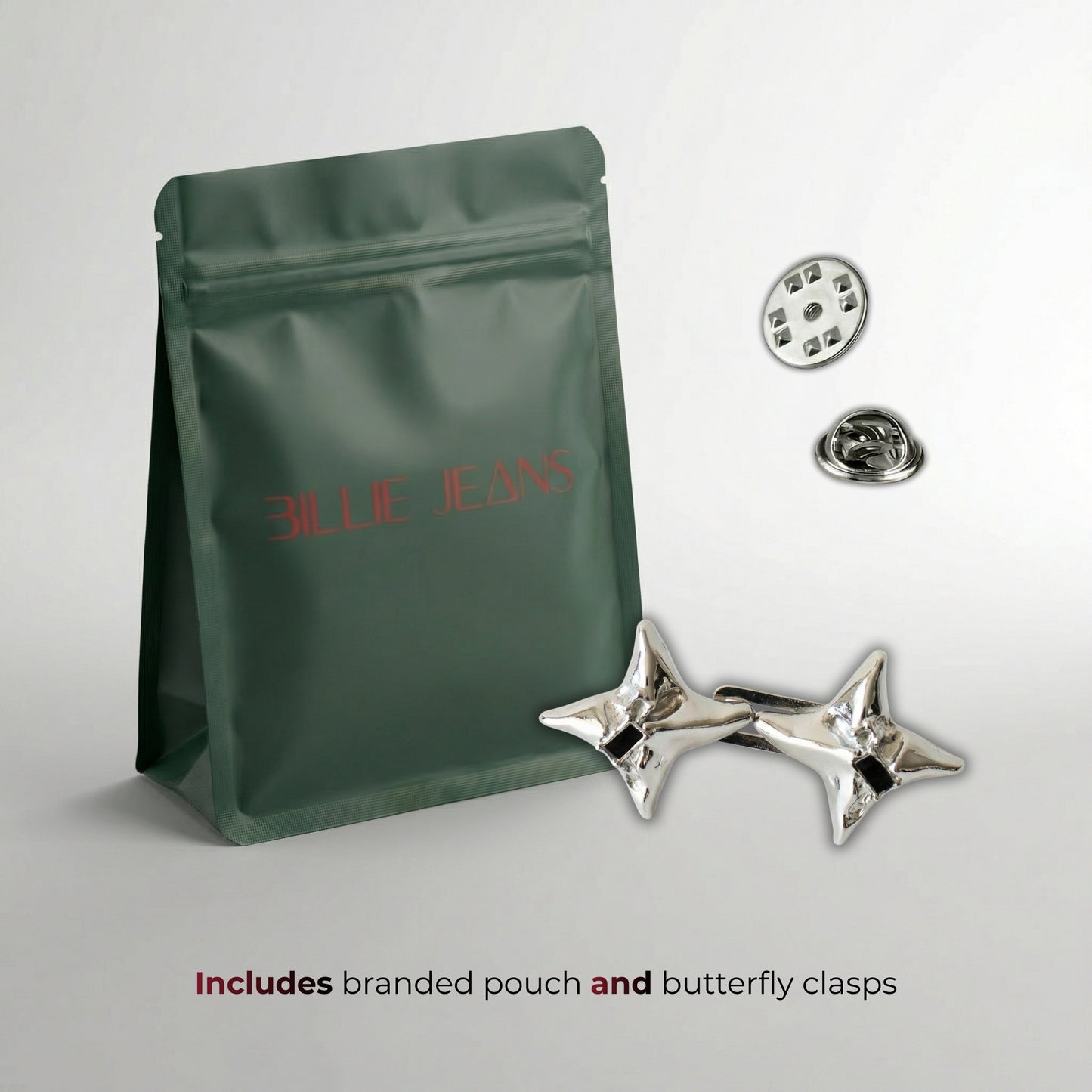 Green branded pouch with butterfly clasps on a light gray background