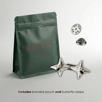 Green branded pouch with butterfly clasps on a light gray background