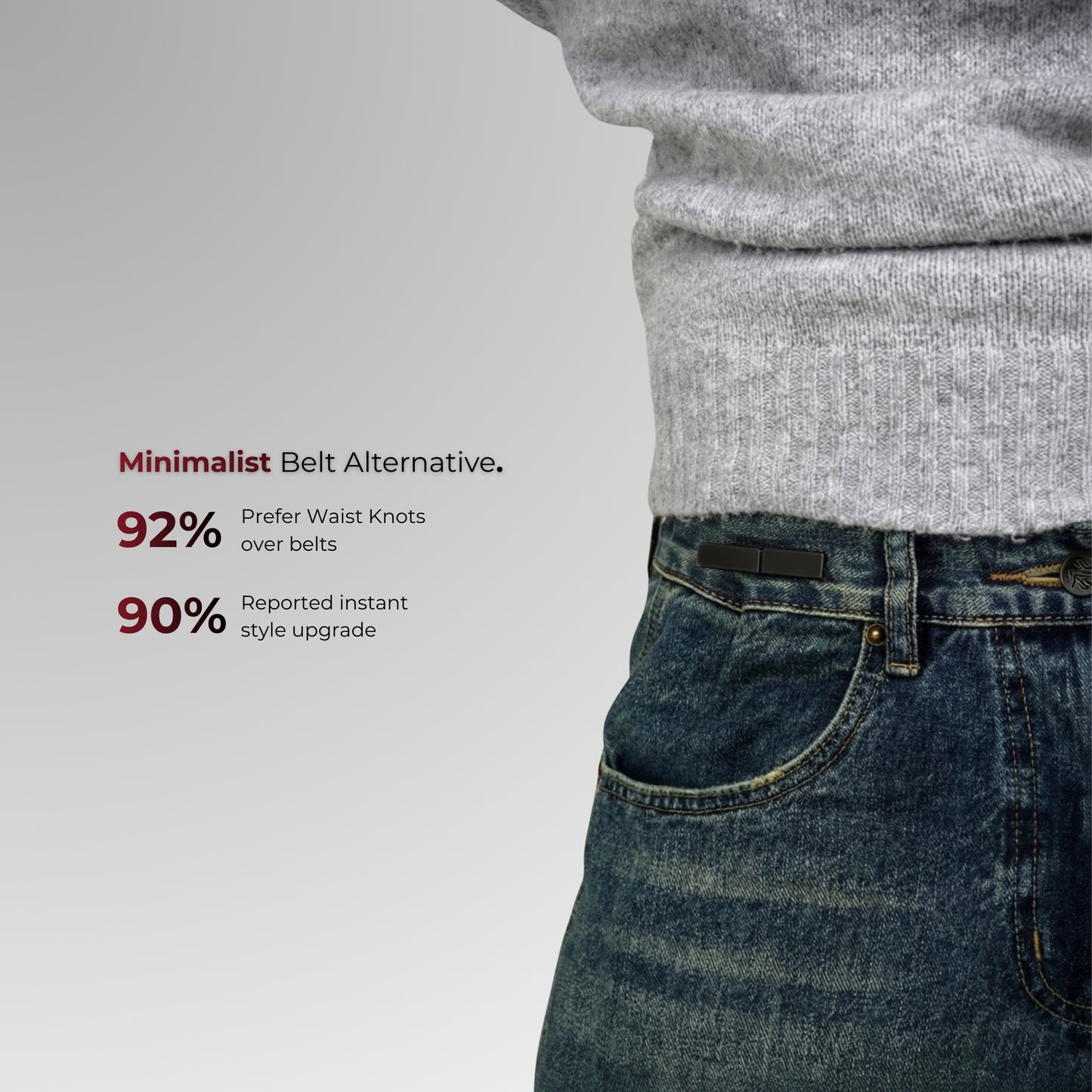 Person wearing jeans with text about minimalist belt alternatives on a gray background