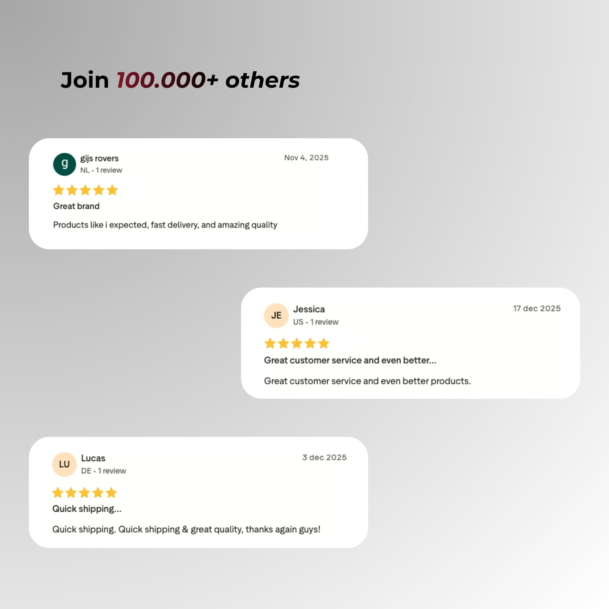 Reviews from customers on a gray background with text 'Join 100,000+ others'.