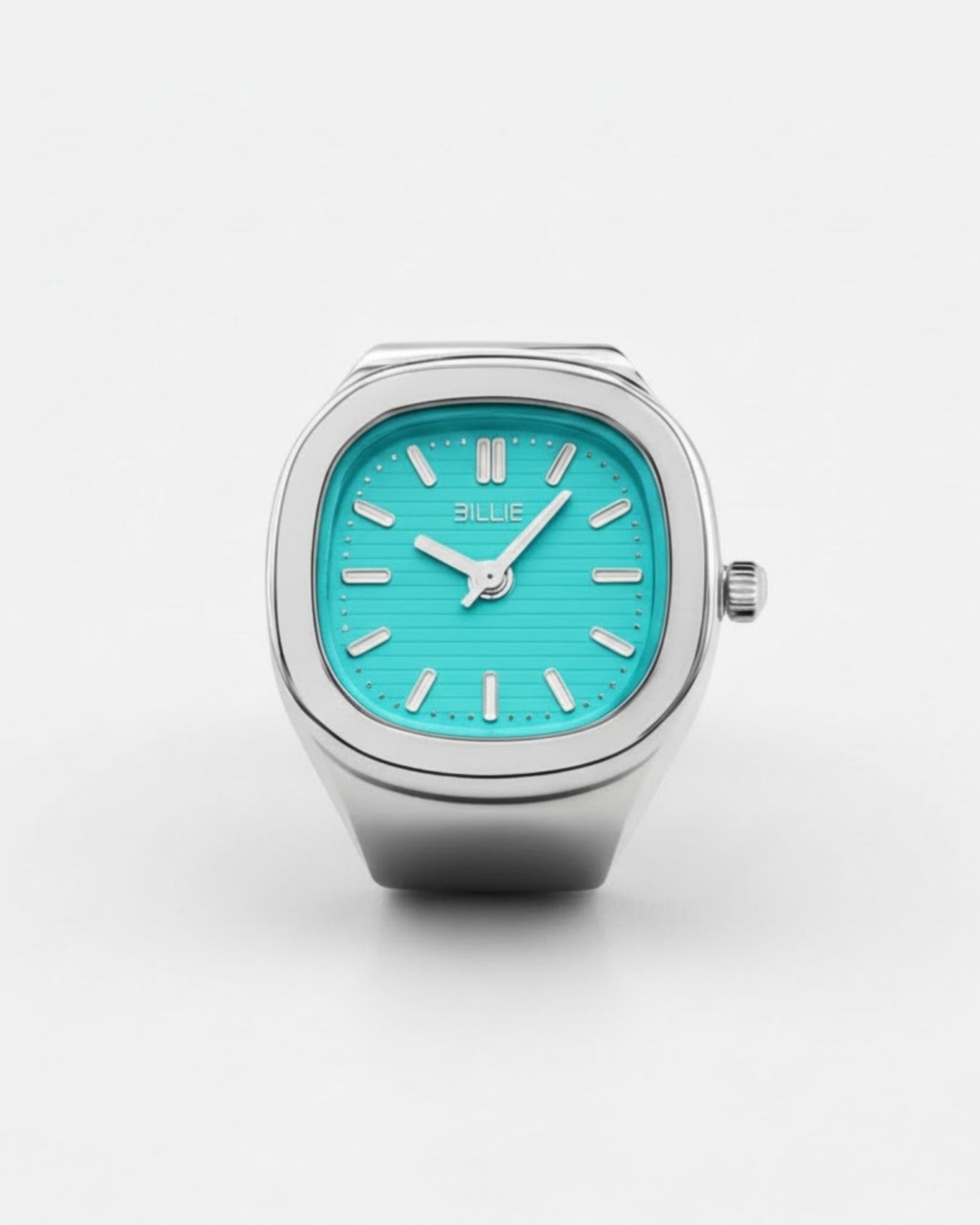 Square watch with a turquoise face and silver casing on a plain background.