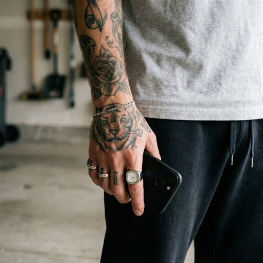 Person holding a phone with tattoos on their arm in an indoor setting