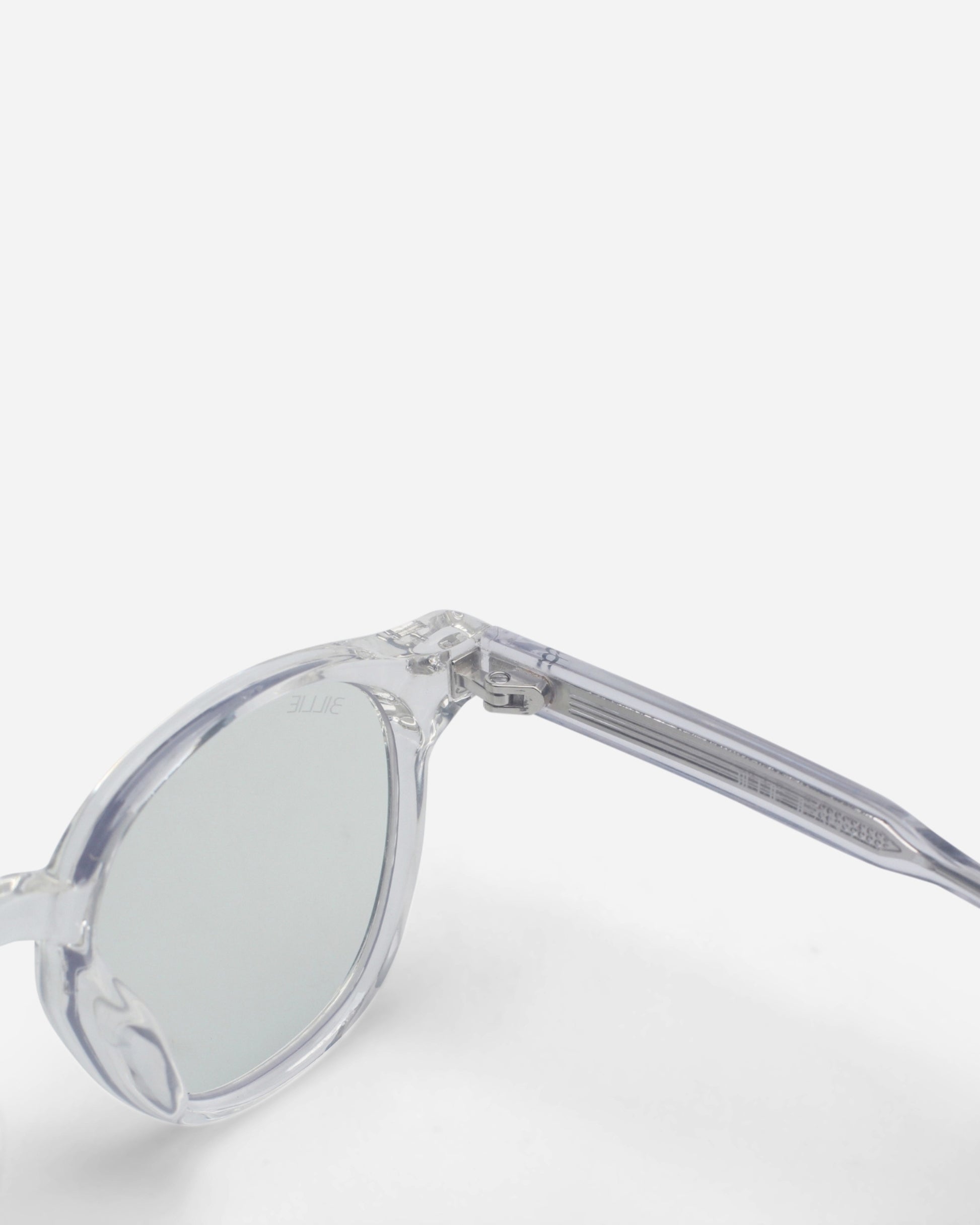 Close-up of clear sunglasses with round lenses and a transparent frame.