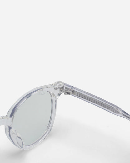 Close-up of clear sunglasses with round lenses and a transparent frame.