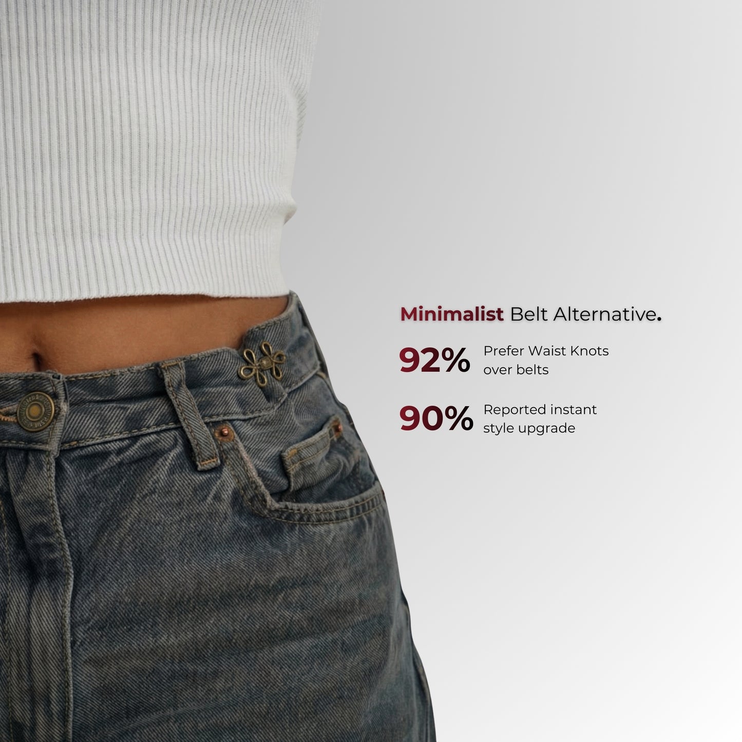 Person wearing jeans with text about minimalist belt alternatives on a white background