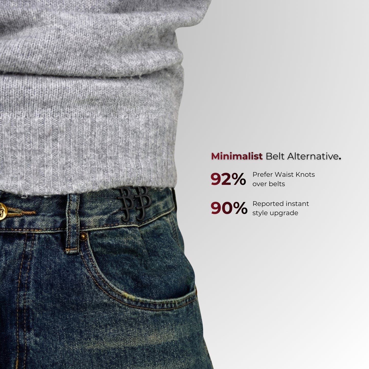Person wearing jeans with text about minimalist belt alternatives on a gray background