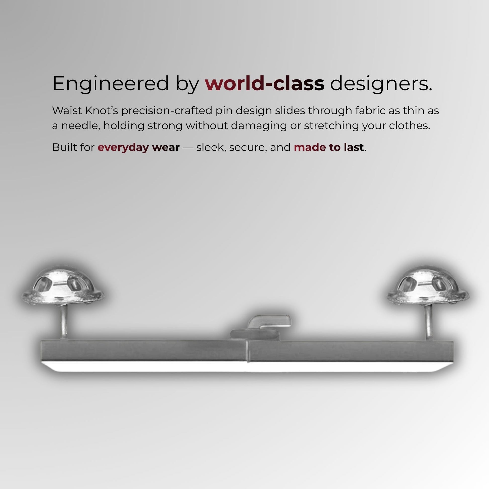 Metallic waist tie with text about world-class design and functionality on a gray background