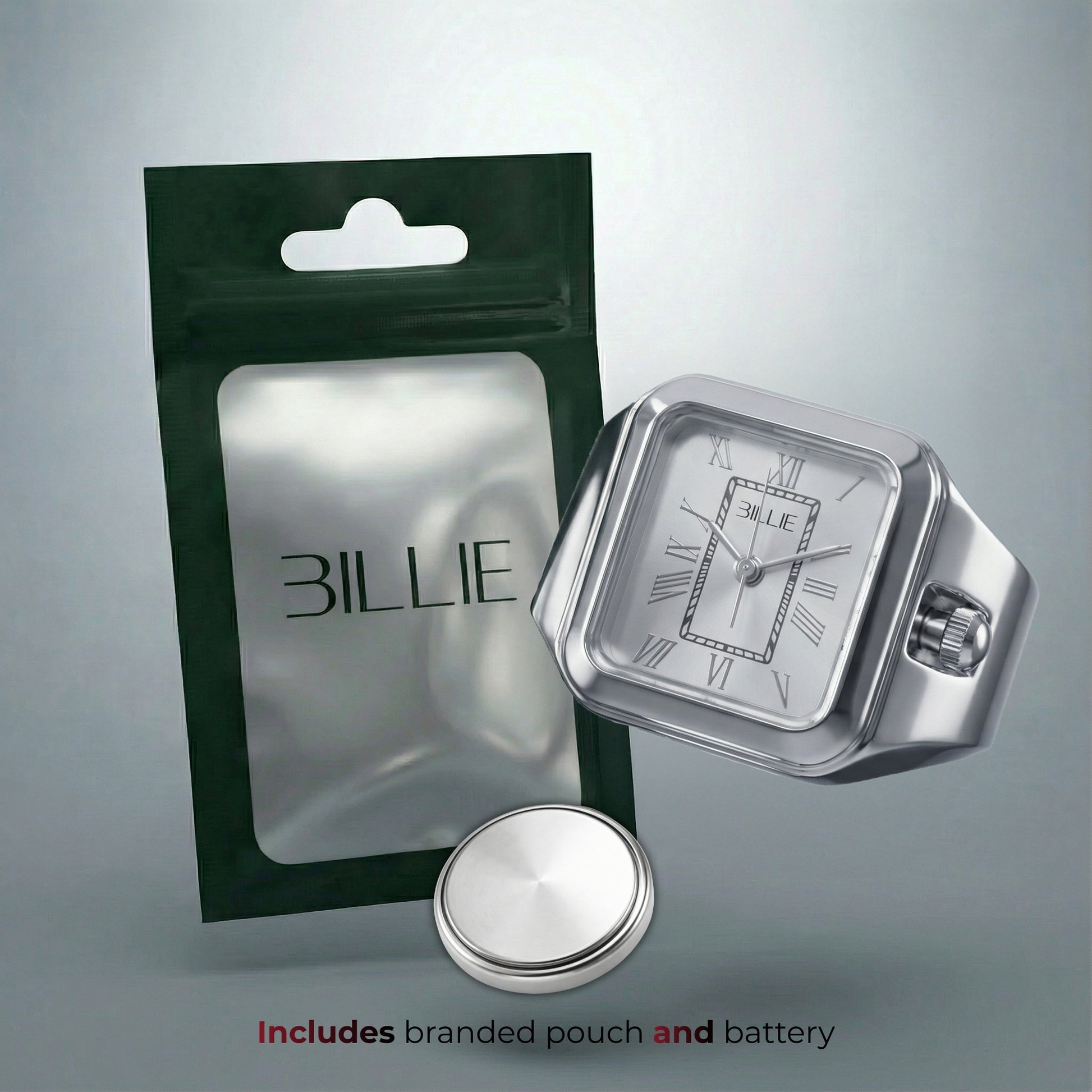 Silver watch with branded 'BILLY' packaging on a gray background
