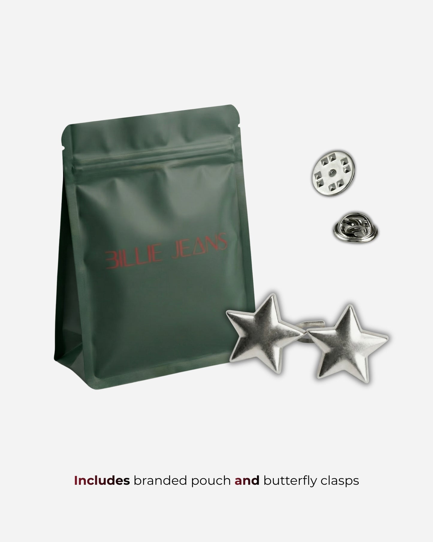 Green pouch with silver star clasps and additional fasteners on a plain background.