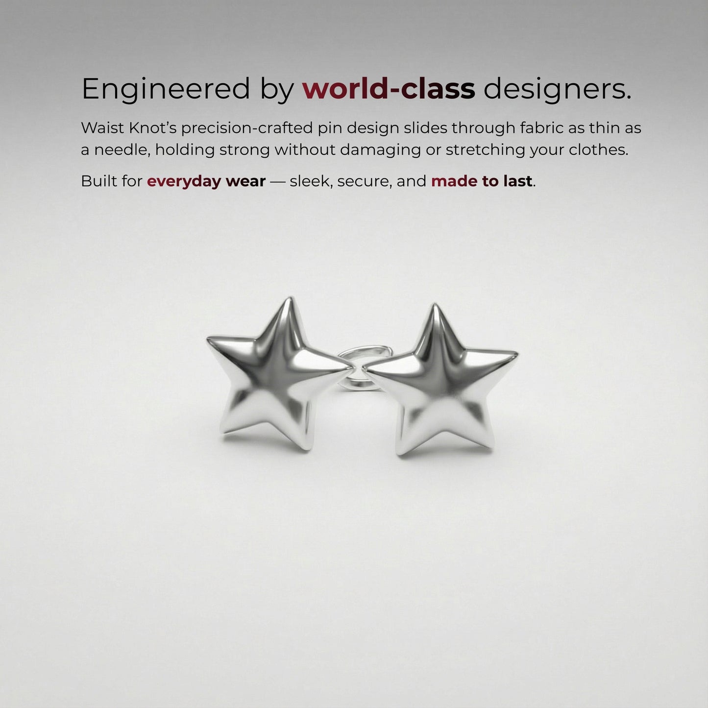 Stervormige oorbellen op een grijze achtergrond met promotietekst over design van wereldklasse.