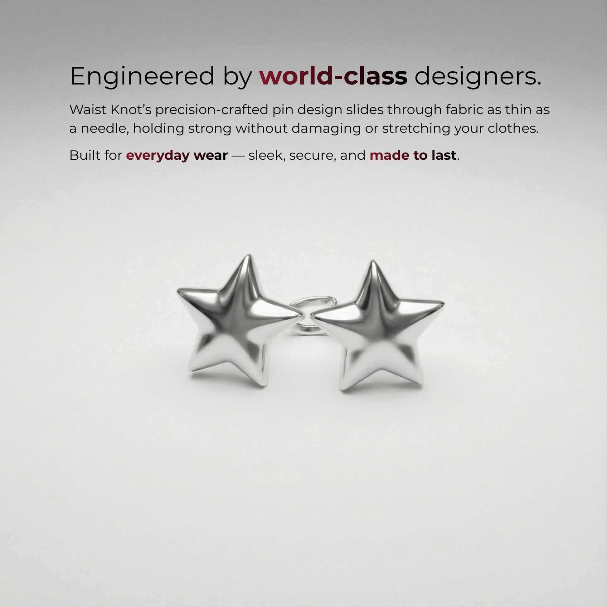 Stervormige oorbellen op een grijze achtergrond met promotietekst over design van wereldklasse.