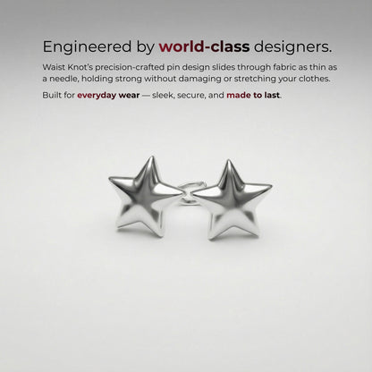 Stervormige oorbellen op een grijze achtergrond met promotietekst over design van wereldklasse.