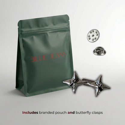 Green branded pouch with butterfly clasps on a light gray background