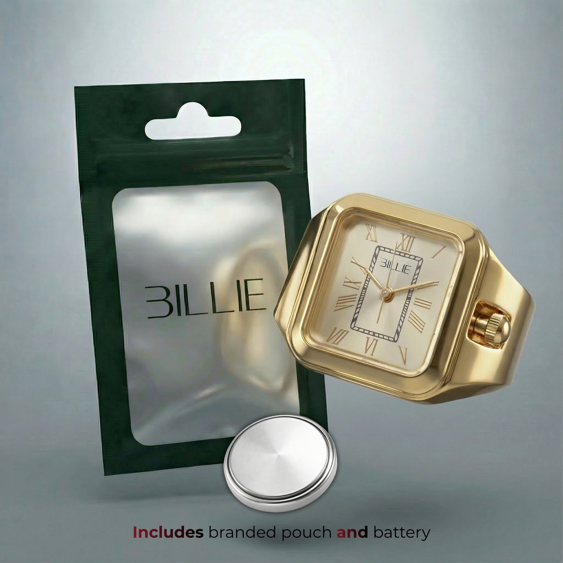 Gold watch with branded 'BILLY' pouch and battery on a gray background