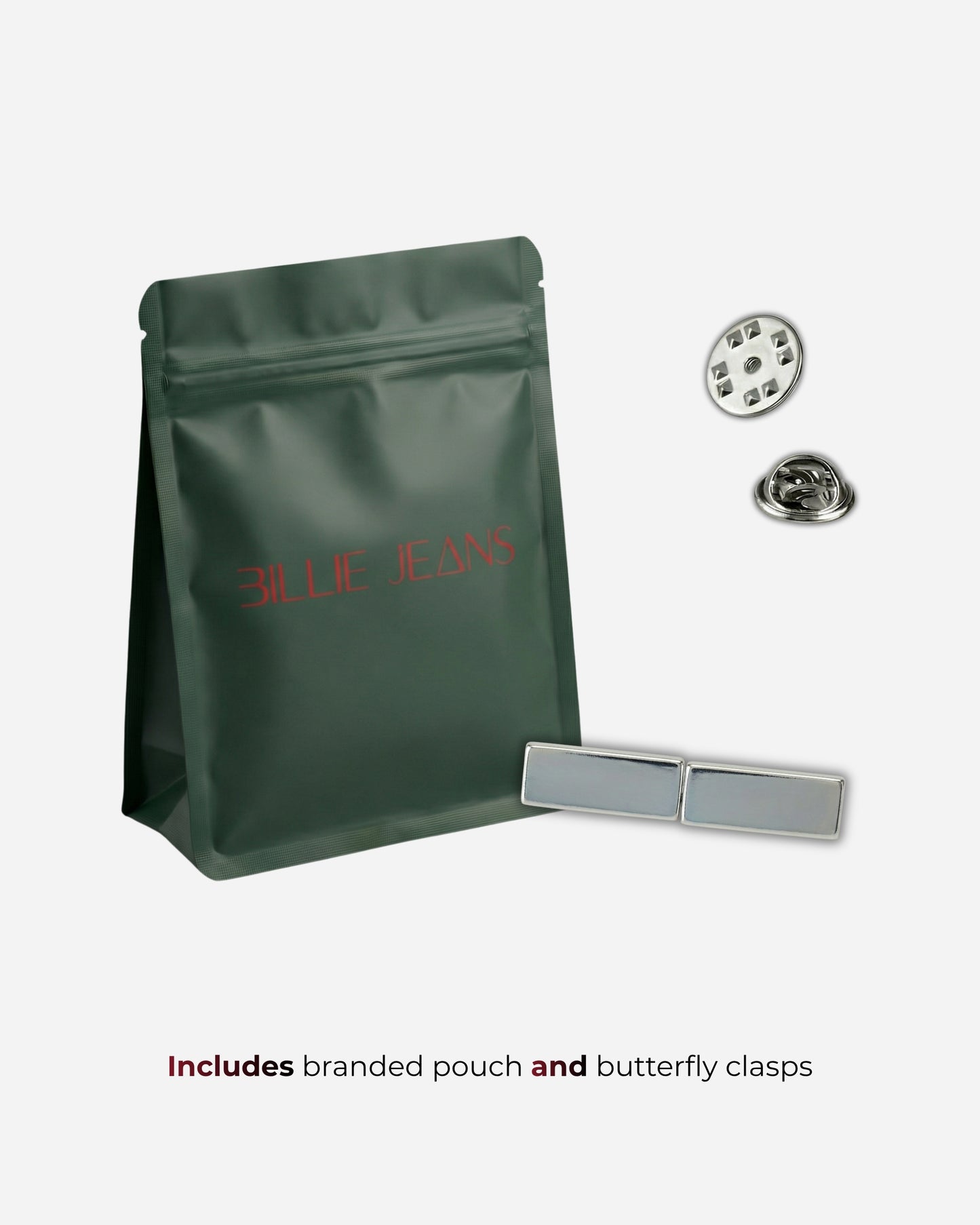 Green pouch with silver clasps and buttons, text visible on pouch.